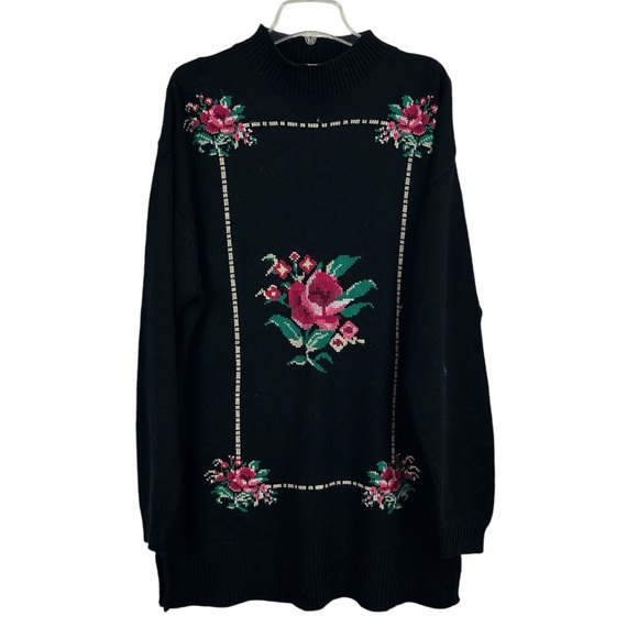 Vintage Sweaters - Vintage Oversized Rose Embroidered Cross Stitch Mock Neck Long Sweater Size XL